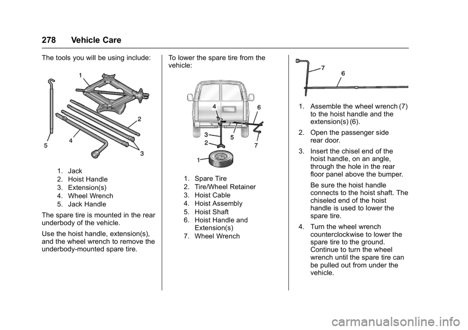 GMC SAVANA 2017 Owners Manual GMC Savana Owner Manual (GMNA-Localizing-U.S./Canada-9967828) -
2017 - crc - 6/29/17
278 Vehicle Care
The tools you will be using include:
1. Jack
2. Hoist Handle
3. Extension(s)
4. Wheel Wrench
5. Ja GMC SAVANA 2017 Owners Manual GMC Savana Owner Manual (GMNA-Localizing-U.S./Canada-9967828) -
2017 - crc - 6/29/17
278 Vehicle Care
The tools you will be using include:
1. Jack
2. Hoist Handle
3. Extension(s)
4. Wheel Wrench
5. Ja