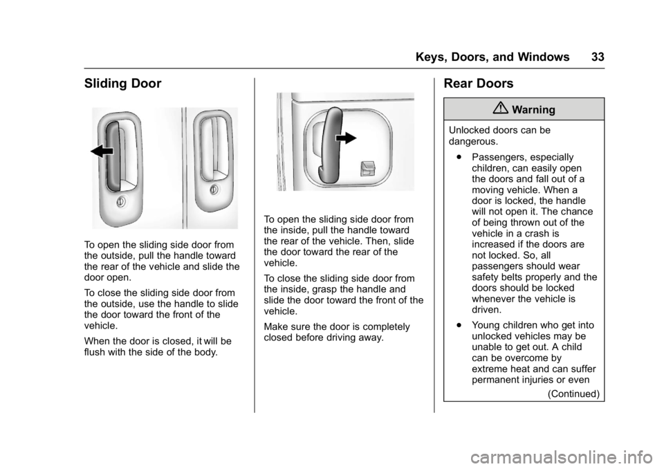 GMC SAVANA 2017 Owners Guide GMC Savana Owner Manual (GMNA-Localizing-U.S./Canada-9967828) -
2017 - crc - 6/29/17
Keys, Doors, and Windows 33
Sliding Door
To open the sliding side door from
the outside, pull the handle toward
the GMC SAVANA 2017 Owners Guide GMC Savana Owner Manual (GMNA-Localizing-U.S./Canada-9967828) -
2017 - crc - 6/29/17
Keys, Doors, and Windows 33
Sliding Door
To open the sliding side door from
the outside, pull the handle toward
the