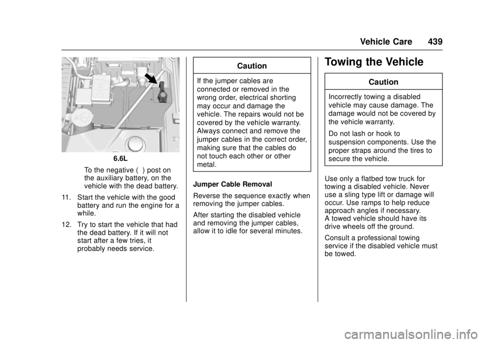 GMC SIERRA 2017 Owners Manual GMC Sierra/Sierra Denali Owner Manual (GMNA-Localizing-U.S./Canada/
Mexico-9955992) - 2017 - crc - 4/18/17
Vehicle Care 439
6.6L
‐ To the negative (−) post on
the auxiliary battery, on the
vehicle GMC SIERRA 2017 Owners Manual GMC Sierra/Sierra Denali Owner Manual (GMNA-Localizing-U.S./Canada/
Mexico-9955992) - 2017 - crc - 4/18/17
Vehicle Care 439
6.6L
‐ To the negative (−) post on
the auxiliary battery, on the
vehicle