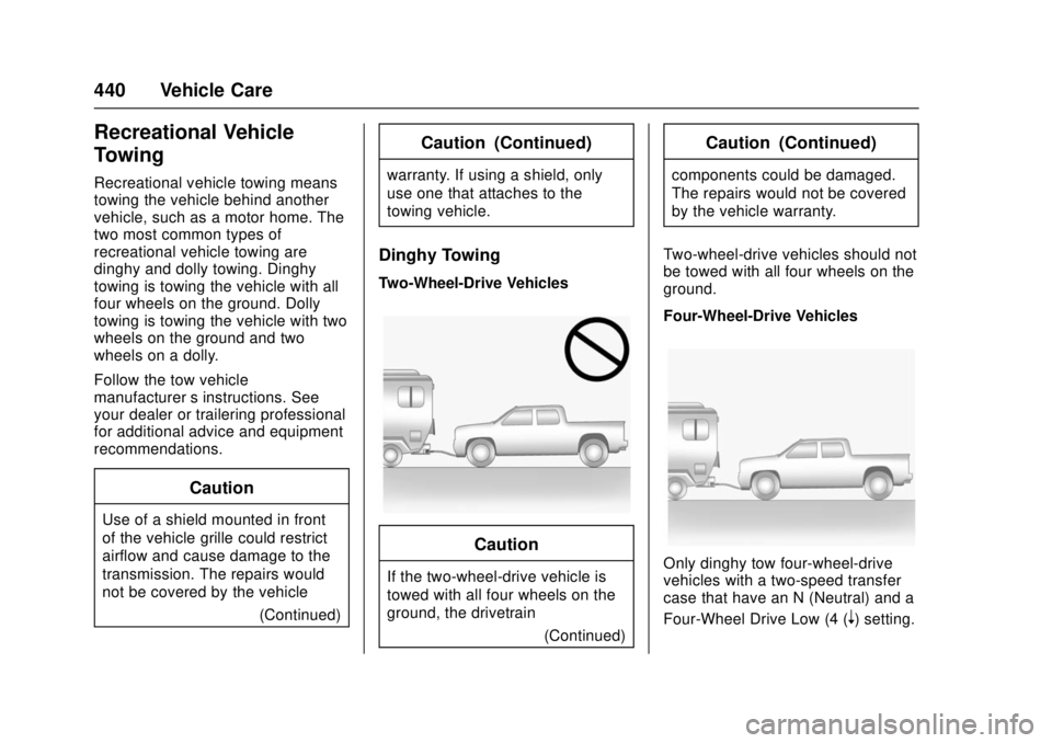 GMC SIERRA 2017 Owners Manual GMC Sierra/Sierra Denali Owner Manual (GMNA-Localizing-U.S./Canada/
Mexico-9955992) - 2017 - crc - 4/18/17
440 Vehicle Care
Recreational Vehicle
Towing
Recreational vehicle towing means
towing the veh GMC SIERRA 2017 Owners Manual GMC Sierra/Sierra Denali Owner Manual (GMNA-Localizing-U.S./Canada/
Mexico-9955992) - 2017 - crc - 4/18/17
440 Vehicle Care
Recreational Vehicle
Towing
Recreational vehicle towing means
towing the veh