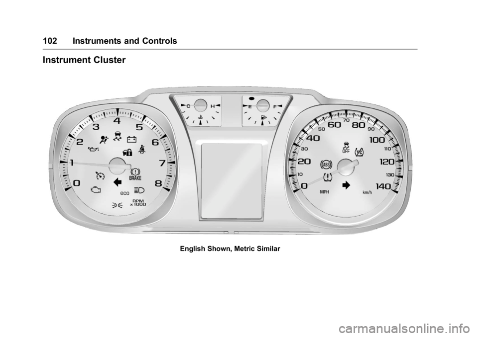 GMC TERRAIN 2017 User Guide GMC Terrain/Terrain Denali Owner Manual (GMNA-Localizing-U.S./Canada/
Mexico-9919509) - 2017 - crc - 8/16/16
102 Instruments and Controls
Instrument Cluster
English Shown, Metric Similar GMC TERRAIN 2017 User Guide GMC Terrain/Terrain Denali Owner Manual (GMNA-Localizing-U.S./Canada/
Mexico-9919509) - 2017 - crc - 8/16/16
102 Instruments and Controls
Instrument Cluster
English Shown, Metric Similar