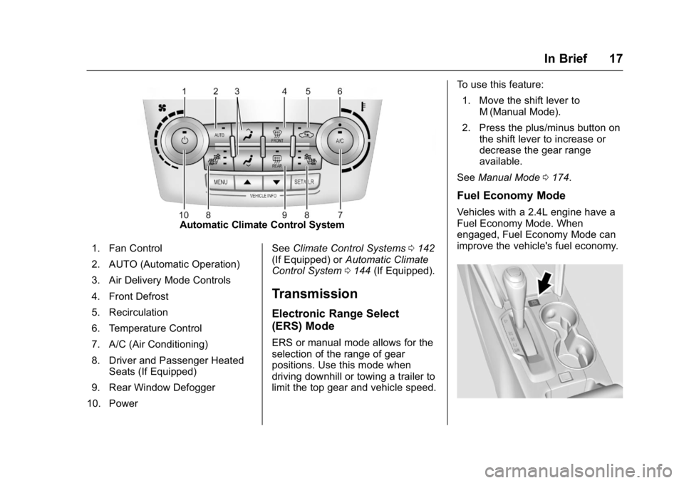 GMC TERRAIN 2017 User Guide GMC Terrain/Terrain Denali Owner Manual (GMNA-Localizing-U.S./Canada/
Mexico-9919509) - 2017 - crc - 8/16/16
In Brief 17
Automatic Climate Control System
1. Fan Control
2. AUTO (Automatic Operation)
3