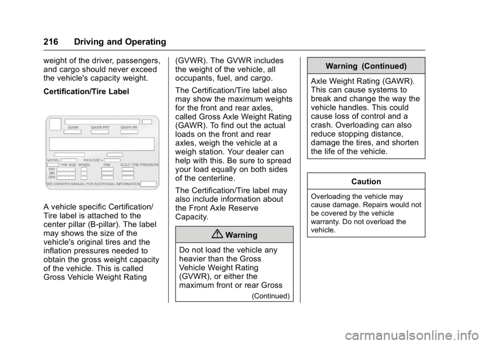 GMC YUKON 2017  Owners Manual GMC Yukon/Yukon XL/Denali Owner Manual (GMNA-Localizing-U.S./
Canada/Mexico-9955936) - 2017 - crc - 11/9/16
216 Driving and Operating
weight of the driver, passengers,
and cargo should never exceed
th