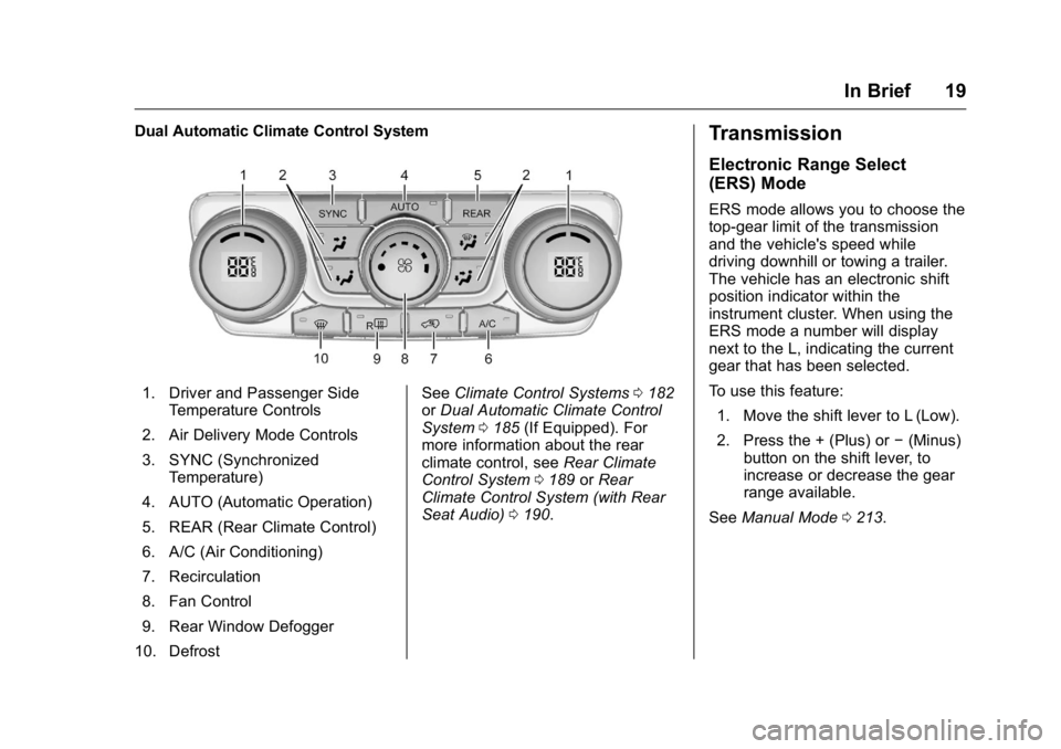 GMC ACADIA 2016 User Guide GMC Acadia/Acadia Denali Owner Manual (GMNA-Localizing-U.S./Canada/
Mexico-9159268) - 2016 - crc - 7/31/15
In Brief 19
Dual Automatic Climate Control System
1. Driver and Passenger SideTemperature Con