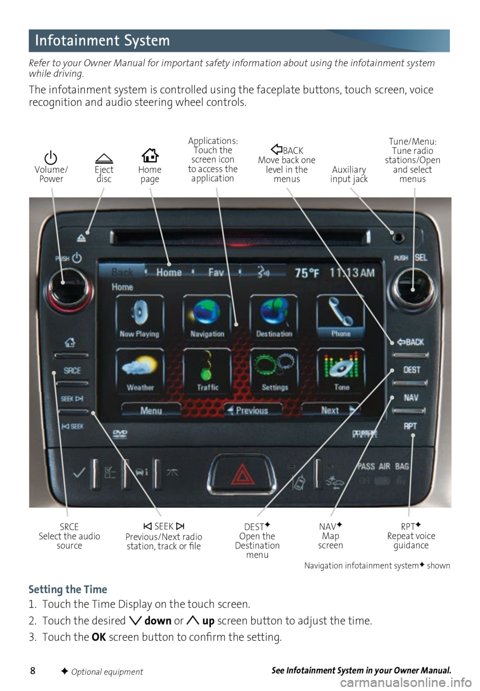 GMC ACADIA 2016  Get To Know Guide 8
Infotainment System
Refer to your Owner Manual for important safety information about using the infotainment system 
while driving. 
The infotainment system is controlled using the faceplate buttons