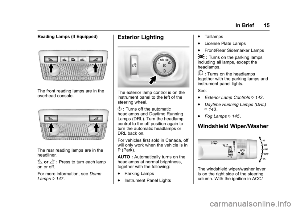 GMC CANYON 2016  Owners Manual GMC Canyon Owner Manual (GMNA-Localizing-U.S/Canada-9159361) -
2016 - crc - 8/25/15
In Brief 15
Reading Lamps (If Equipped)
The front reading lamps are in the
overhead console.
The rear reading lamps 