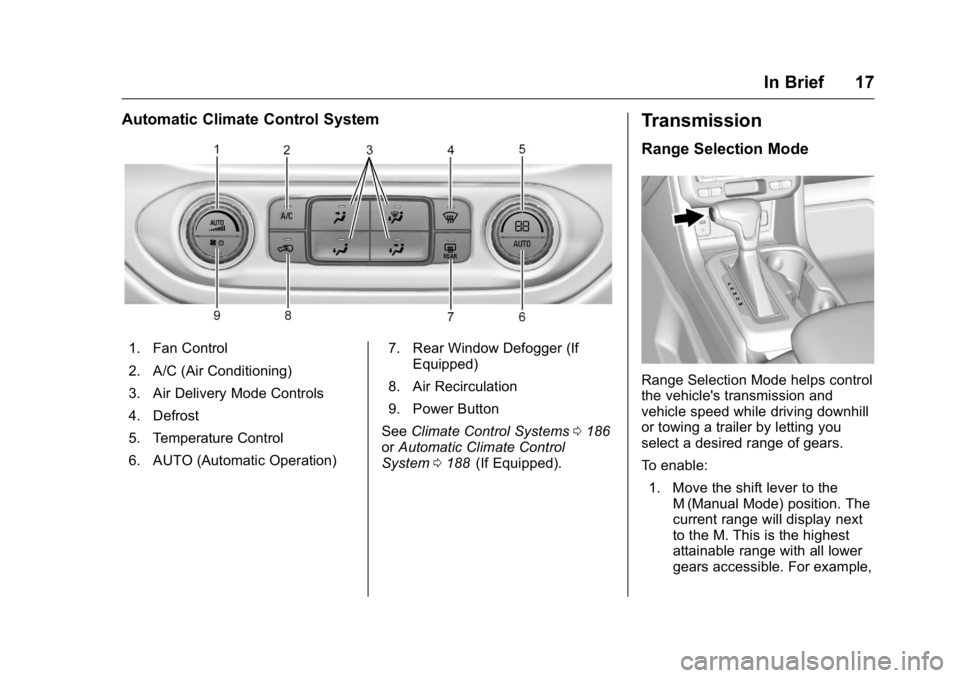 GMC CANYON 2016  Owners Manual GMC Canyon Owner Manual (GMNA-Localizing-U.S/Canada-9159361) -
2016 - crc - 8/25/15
In Brief 17
Automatic Climate Control System
1. Fan Control
2. A/C (Air Conditioning)
3. Air Delivery Mode Controls
