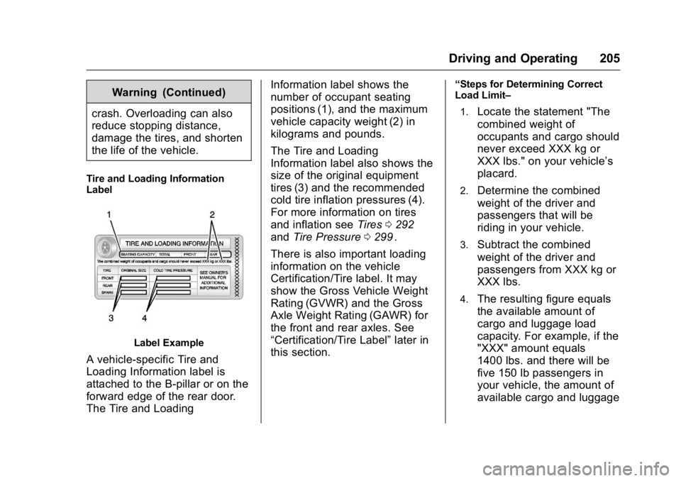 GMC CANYON 2016  Owners Manual GMC Canyon Owner Manual (GMNA-Localizing-U.S/Canada-9159361) -
2016 - crc - 8/25/15
Driving and Operating 205
Warning (Continued)
crash. Overloading can also
reduce stopping distance,
damage the tires