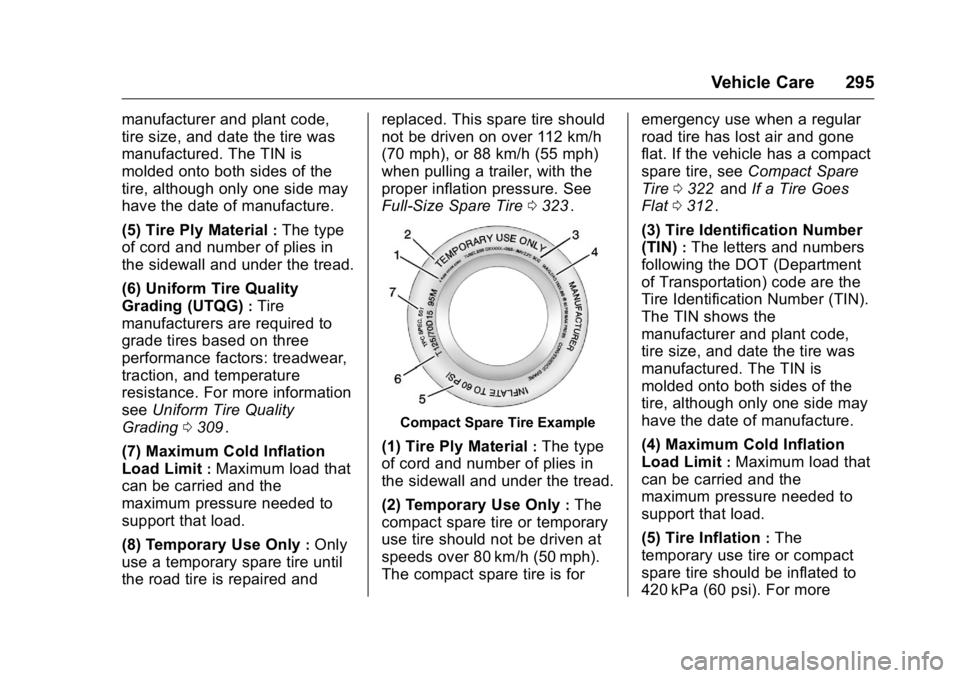 GMC CANYON 2016 Owners Manual GMC Canyon Owner Manual (GMNA-Localizing-U.S/Canada-9159361) -
2016 - crc - 8/25/15
Vehicle Care 295
manufacturer and plant code,
tire size, and date the tire was
manufactured. The TIN is
molded onto GMC CANYON 2016 Owners Manual GMC Canyon Owner Manual (GMNA-Localizing-U.S/Canada-9159361) -
2016 - crc - 8/25/15
Vehicle Care 295
manufacturer and plant code,
tire size, and date the tire was
manufactured. The TIN is
molded onto