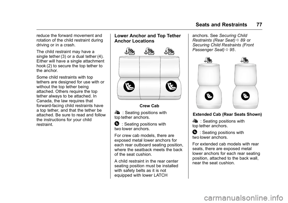 GMC CANYON 2016 Manual PDF GMC Canyon Owner Manual (GMNA-Localizing-U.S/Canada-9159361) -
2016 - crc - 8/25/15
Seats and Restraints 77
reduce the forward movement and
rotation of the child restraint during
driving or in a crash