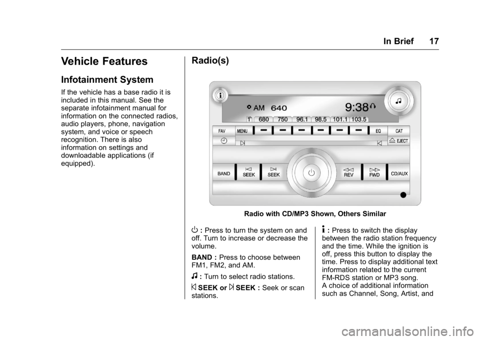 GMC SAVANA 2016  Owners Manual GMC Savana Owner Manual (GMNA-Localizing-U.S./Canada-9159232) -
2016 - crc - 11/11/15
In Brief 17
Vehicle Features
Infotainment System
If the vehicle has a base radio it is
included in this manual. Se