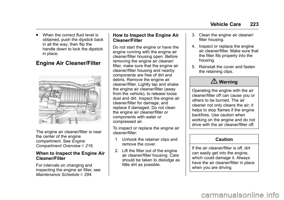 GMC SAVANA 2016  Owners Manual GMC Savana Owner Manual (GMNA-Localizing-U.S./Canada-9159232) -
2016 - crc - 11/11/15
Vehicle Care 223
.When the correct fluid level is
obtained, push the dipstick back
in all the way; then flip the
h