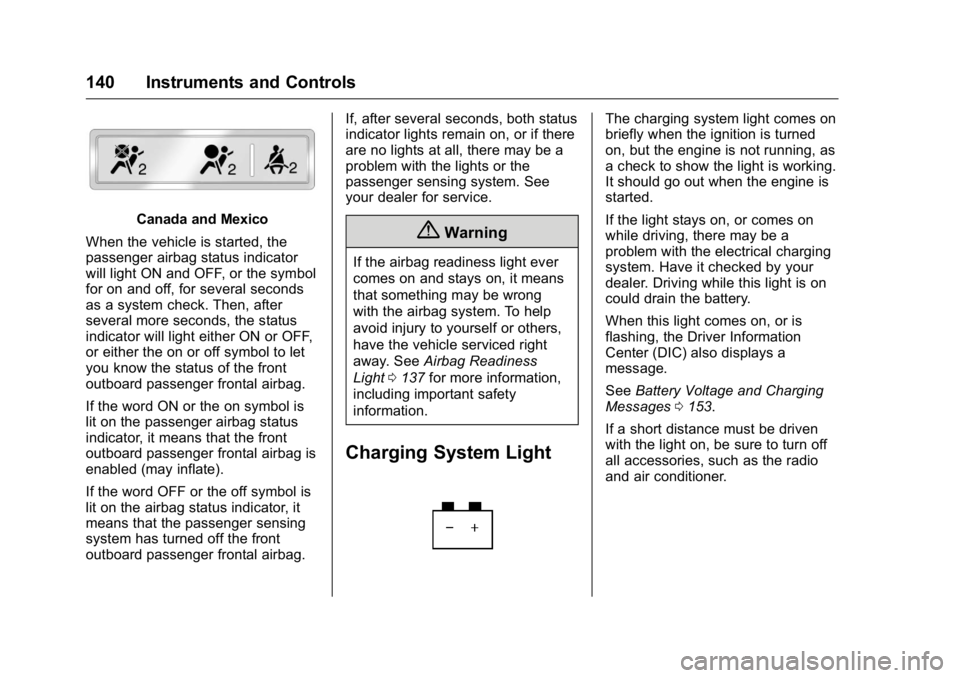 GMC SIERRA 2016  Owners Manual GMC Sierra Owner Manual (GMNA-Localizing-U.S./Canada/Mexico-
9234758) - 2016 - crc - 11/9/15
140 Instruments and Controls
Canada and Mexico
When the vehicle is started, the
passenger airbag status ind