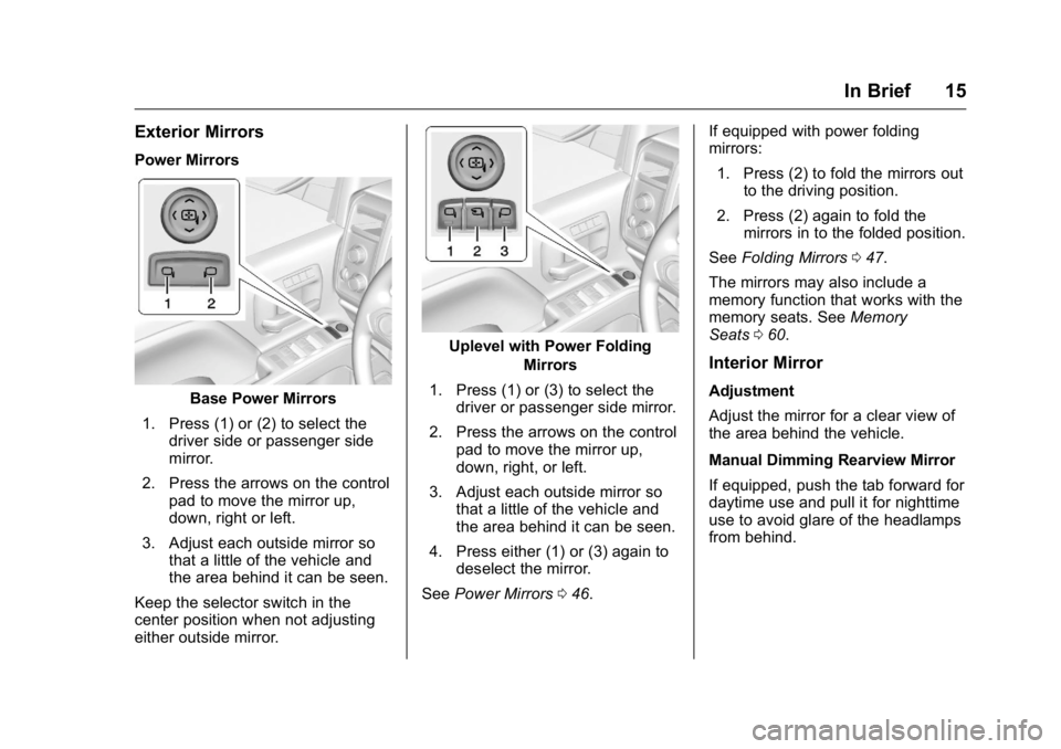 GMC SIERRA 2016 User Guide GMC Sierra Owner Manual (GMNA-Localizing-U.S./Canada/Mexico-
9234758) - 2016 - crc - 11/9/15
In Brief 15
Exterior Mirrors
Power Mirrors
Base Power Mirrors
1. Press (1) or (2) to select the driver side GMC SIERRA 2016 User Guide GMC Sierra Owner Manual (GMNA-Localizing-U.S./Canada/Mexico-
9234758) - 2016 - crc - 11/9/15
In Brief 15
Exterior Mirrors
Power Mirrors
Base Power Mirrors
1. Press (1) or (2) to select the driver side