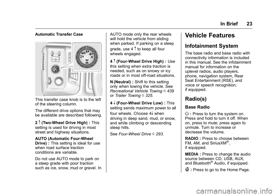GMC SIERRA 2016 Owners Guide GMC Sierra Owner Manual (GMNA-Localizing-U.S./Canada/Mexico-
9234758) - 2016 - crc - 11/9/15
In Brief 23
Automatic Transfer Case
This transfer case knob is to the left
of the steering column.
The diff