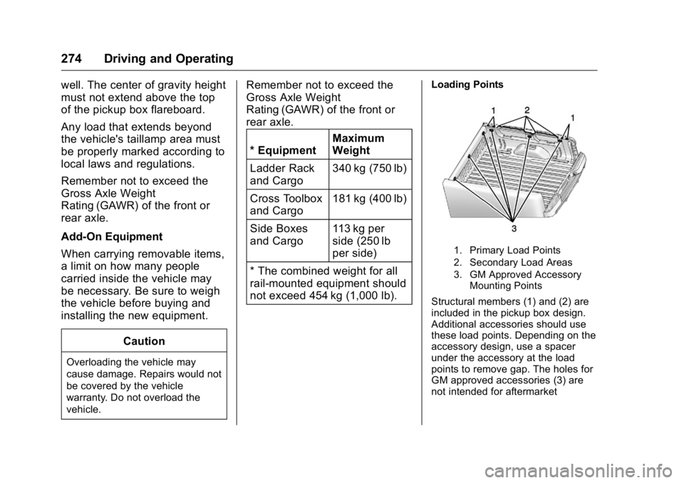 GMC SIERRA 2016 Owners Manual GMC Sierra Owner Manual (GMNA-Localizing-U.S./Canada/Mexico-
9234758) - 2016 - crc - 11/9/15
274 Driving and Operating
well. The center of gravity height
must not extend above the top
of the pickup bo GMC SIERRA 2016 Owners Manual GMC Sierra Owner Manual (GMNA-Localizing-U.S./Canada/Mexico-
9234758) - 2016 - crc - 11/9/15
274 Driving and Operating
well. The center of gravity height
must not extend above the top
of the pickup bo