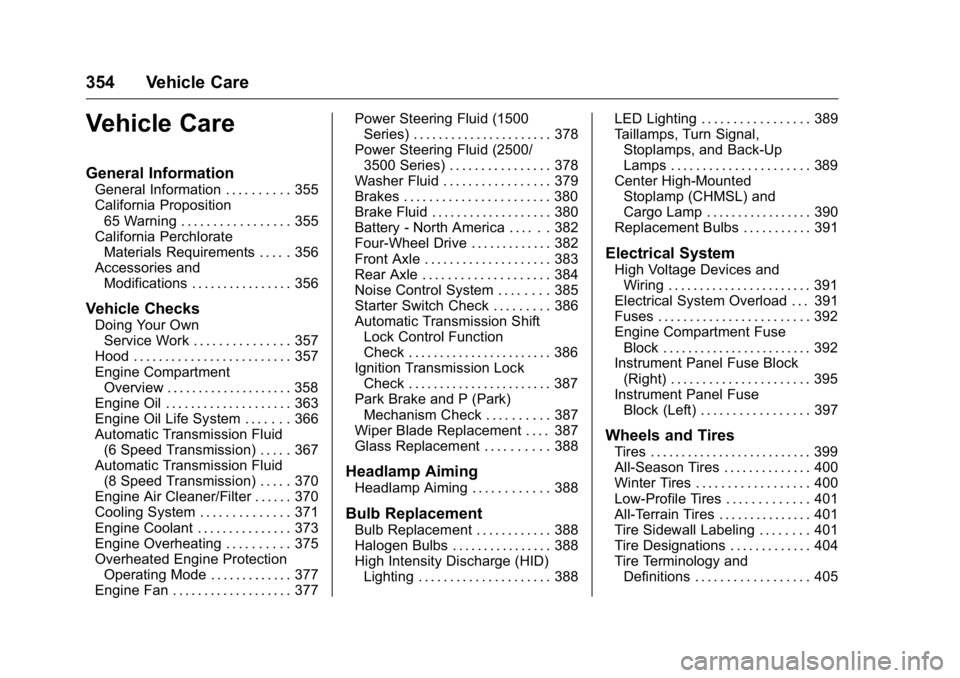 GMC SIERRA 2016 Owners Manual GMC Sierra Owner Manual (GMNA-Localizing-U.S./Canada/Mexico-
9234758) - 2016 - crc - 11/9/15
354 Vehicle Care
Vehicle Care
General Information
General Information . . . . . . . . . . 355
California Pr GMC SIERRA 2016 Owners Manual GMC Sierra Owner Manual (GMNA-Localizing-U.S./Canada/Mexico-
9234758) - 2016 - crc - 11/9/15
354 Vehicle Care
Vehicle Care
General Information
General Information . . . . . . . . . . 355
California Pr