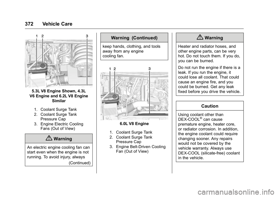 GMC SIERRA 2016 User Guide GMC Sierra Owner Manual (GMNA-Localizing-U.S./Canada/Mexico-
9234758) - 2016 - crc - 11/9/15
372 Vehicle Care
5.3L V8 Engine Shown, 4.3L
V6 Engine and 6.2L V8 Engine Similar
1. Coolant Surge Tank
2. C