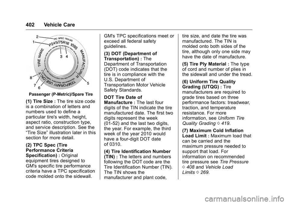 GMC SIERRA 2016 Owners Manual GMC Sierra Owner Manual (GMNA-Localizing-U.S./Canada/Mexico-
9234758) - 2016 - crc - 11/9/15
402 Vehicle Care
Passenger (P-Metric)/Spare Tire
(1) Tire Size:The tire size code
is a combination of lette GMC SIERRA 2016 Owners Manual GMC Sierra Owner Manual (GMNA-Localizing-U.S./Canada/Mexico-
9234758) - 2016 - crc - 11/9/15
402 Vehicle Care
Passenger (P-Metric)/Spare Tire
(1) Tire Size:The tire size code
is a combination of lette