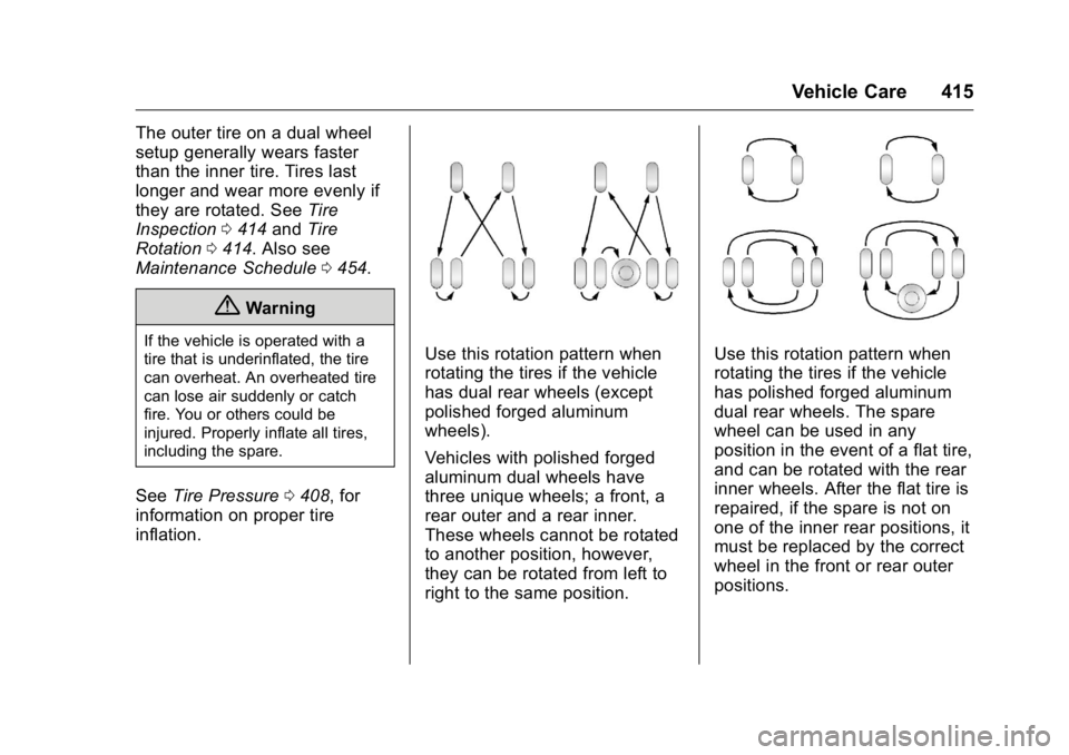 GMC SIERRA 2016 Owners Manual GMC Sierra Owner Manual (GMNA-Localizing-U.S./Canada/Mexico-
9234758) - 2016 - crc - 11/9/15
Vehicle Care 415
The outer tire on a dual wheel
setup generally wears faster
than the inner tire. Tires las GMC SIERRA 2016 Owners Manual GMC Sierra Owner Manual (GMNA-Localizing-U.S./Canada/Mexico-
9234758) - 2016 - crc - 11/9/15
Vehicle Care 415
The outer tire on a dual wheel
setup generally wears faster
than the inner tire. Tires las