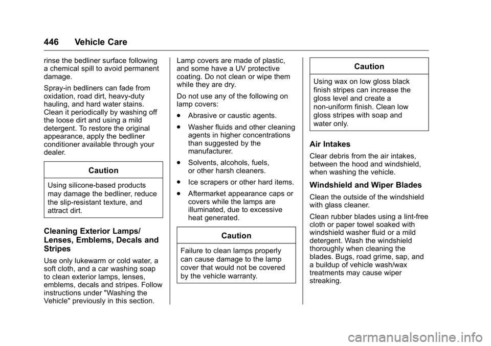 GMC SIERRA 2016 Owners Manual GMC Sierra Owner Manual (GMNA-Localizing-U.S./Canada/Mexico-
9234758) - 2016 - crc - 11/9/15
446 Vehicle Care
rinse the bedliner surface following
a chemical spill to avoid permanent
damage.
Spray-in GMC SIERRA 2016 Owners Manual GMC Sierra Owner Manual (GMNA-Localizing-U.S./Canada/Mexico-
9234758) - 2016 - crc - 11/9/15
446 Vehicle Care
rinse the bedliner surface following
a chemical spill to avoid permanent
damage.
Spray-in