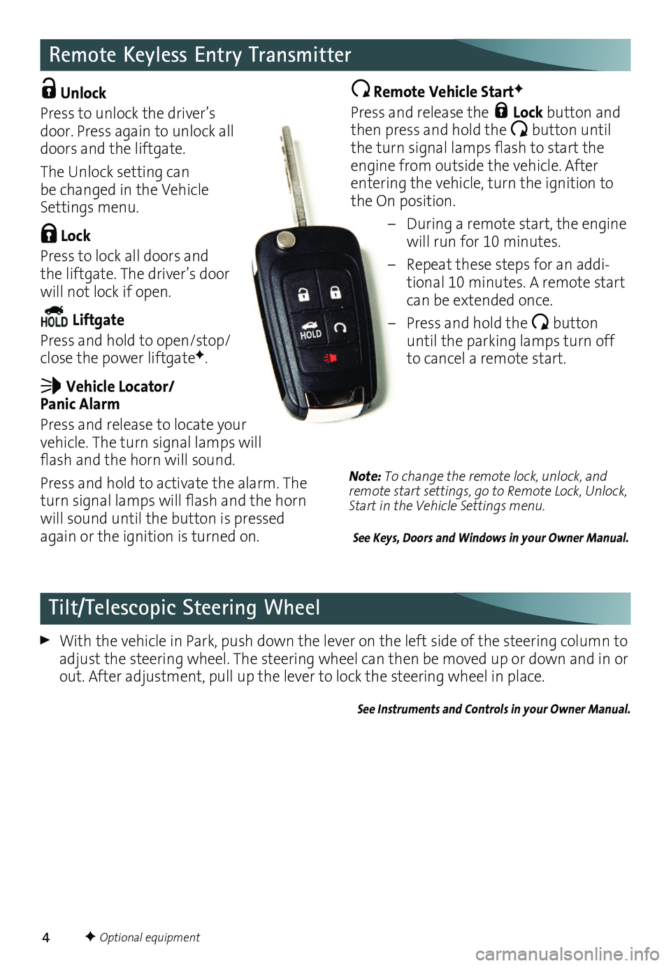 GMC TERRAIN 2016  Get To Know Guide 4
Remote Keyless Entry Transmitter
 Unlock 
Press to unlock the driver’s door . Press again to unlock all doors and the liftgate . 
The Unlock setting can be changed in the Vehicle Settings menu .
 