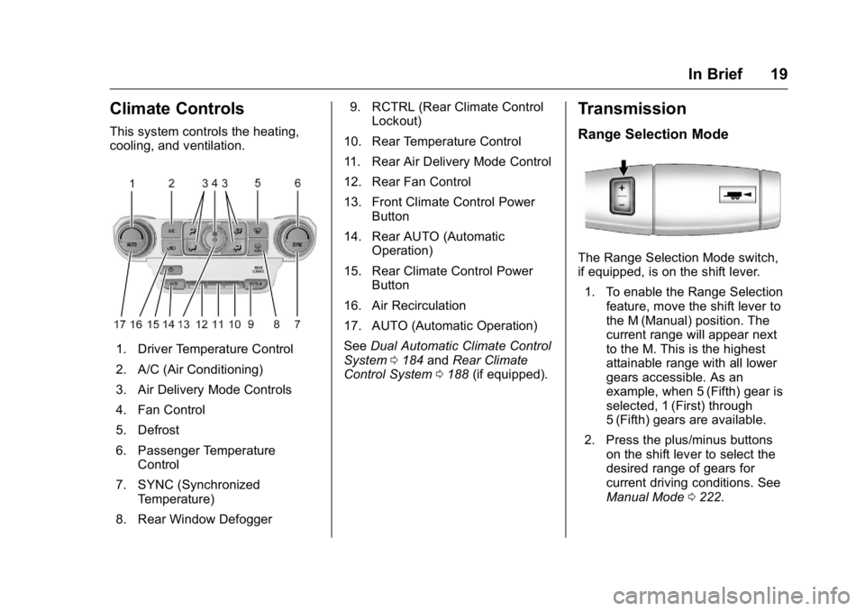 GMC YUKON XL 2016  Owners Manual GMC Yukon/Yukon XL Owner Manual (GMNA-Localizing-U.S/Canada-
9159297) - 2016 - CRC - 10/12/15
In Brief 19
Climate Controls
This system controls the heating,
cooling, and ventilation.
1. Driver Tempera