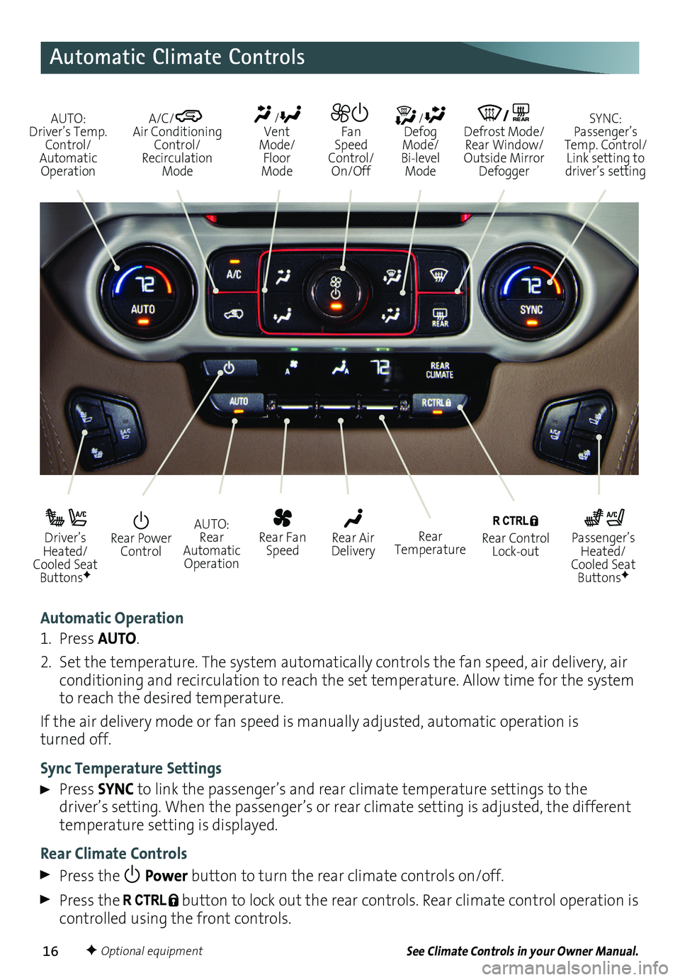 GMC YUKON 2016 Get To Know Guide 16
Automatic Climate Controls
Automatic Operation
1. Press AUTO.
2. Set the temperature. The system automatically
controls the fan speed, air delivery, air conditioning and recirculation to reach t GMC YUKON 2016 Get To Know Guide 16
Automatic Climate Controls
Automatic Operation
1. Press AUTO.
2. Set the temperature. The system automatically
controls the fan speed, air delivery, air conditioning and recirculation to reach t