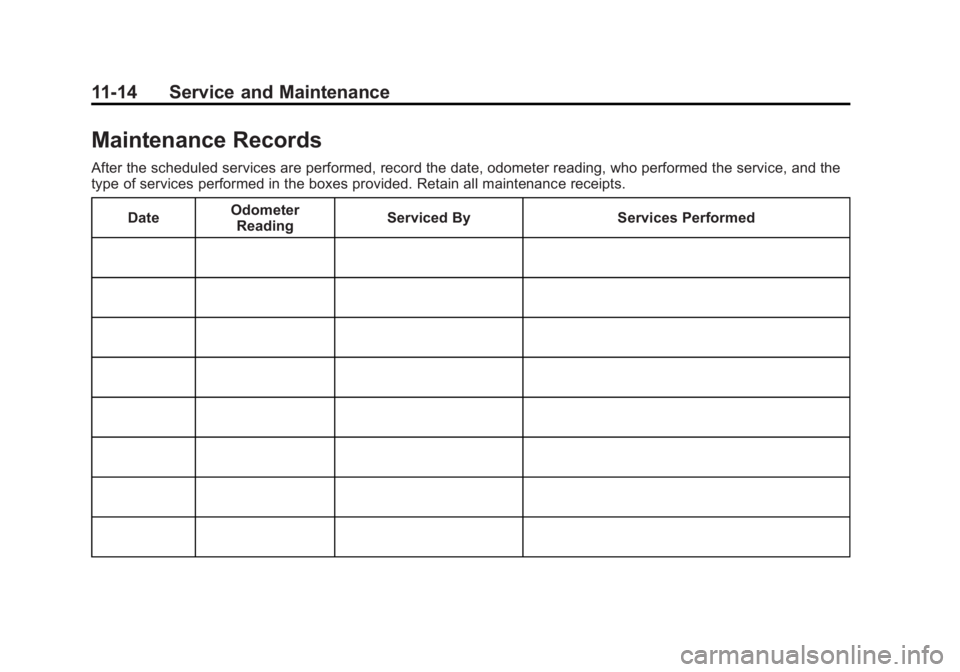 GMC ACADIA 2015 Owners Manual Black plate (14,1)GMC Acadia/Acadia Denali Owner Manual (GMNA-Localizing-U.S./Canada/
Mexico-7576030) - 2015 - CRC - 8/18/14
11-14 Service and Maintenance
Maintenance Records
After the scheduled servi GMC ACADIA 2015 Owners Manual Black plate (14,1)GMC Acadia/Acadia Denali Owner Manual (GMNA-Localizing-U.S./Canada/
Mexico-7576030) - 2015 - CRC - 8/18/14
11-14 Service and Maintenance
Maintenance Records
After the scheduled servi