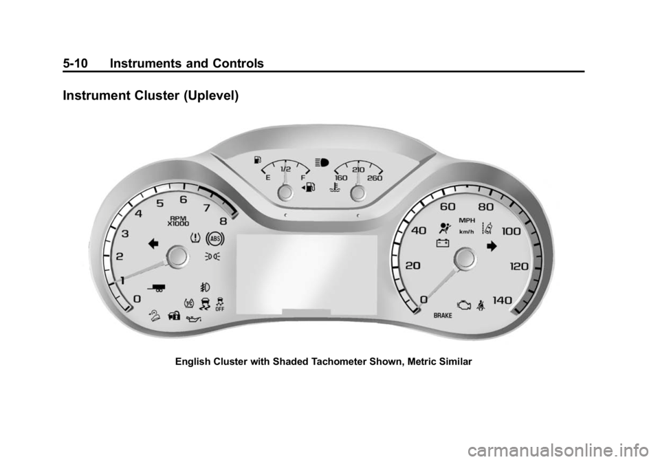 GMC CANYON 2015 Owners Manual Black plate (10,1)GMC Canyon Owner Manual (GMNA-Localizing-U.S./Canada-7587000) -
2015 - CRC - 3/17/15
5-10 Instruments and Controls
Instrument Cluster (Uplevel)
English Cluster with Shaded Tachometer GMC CANYON 2015 Owners Manual Black plate (10,1)GMC Canyon Owner Manual (GMNA-Localizing-U.S./Canada-7587000) -
2015 - CRC - 3/17/15
5-10 Instruments and Controls
Instrument Cluster (Uplevel)
English Cluster with Shaded Tachometer