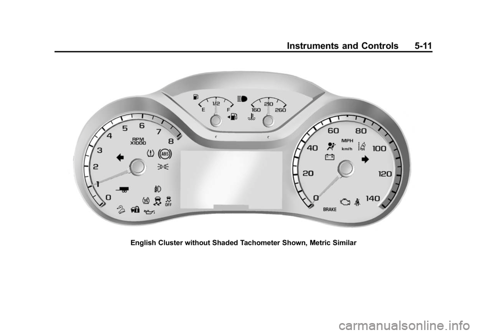 GMC CANYON 2015 Owners Manual Black plate (11,1)GMC Canyon Owner Manual (GMNA-Localizing-U.S./Canada-7587000) -
2015 - CRC - 3/17/15
Instruments and Controls 5-11
English Cluster without Shaded Tachometer Shown, Metric Similar GMC CANYON 2015 Owners Manual Black plate (11,1)GMC Canyon Owner Manual (GMNA-Localizing-U.S./Canada-7587000) -
2015 - CRC - 3/17/15
Instruments and Controls 5-11
English Cluster without Shaded Tachometer Shown, Metric Similar