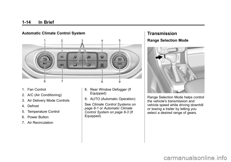 GMC CANYON 2015 Owners Guide Black plate (14,1)GMC Canyon Owner Manual (GMNA-Localizing-U.S./Canada-7587000) -
2015 - CRC - 3/17/15
1-14 In Brief
Automatic Climate Control System
1. Fan Control
2. A/C (Air Conditioning)
3. Air De