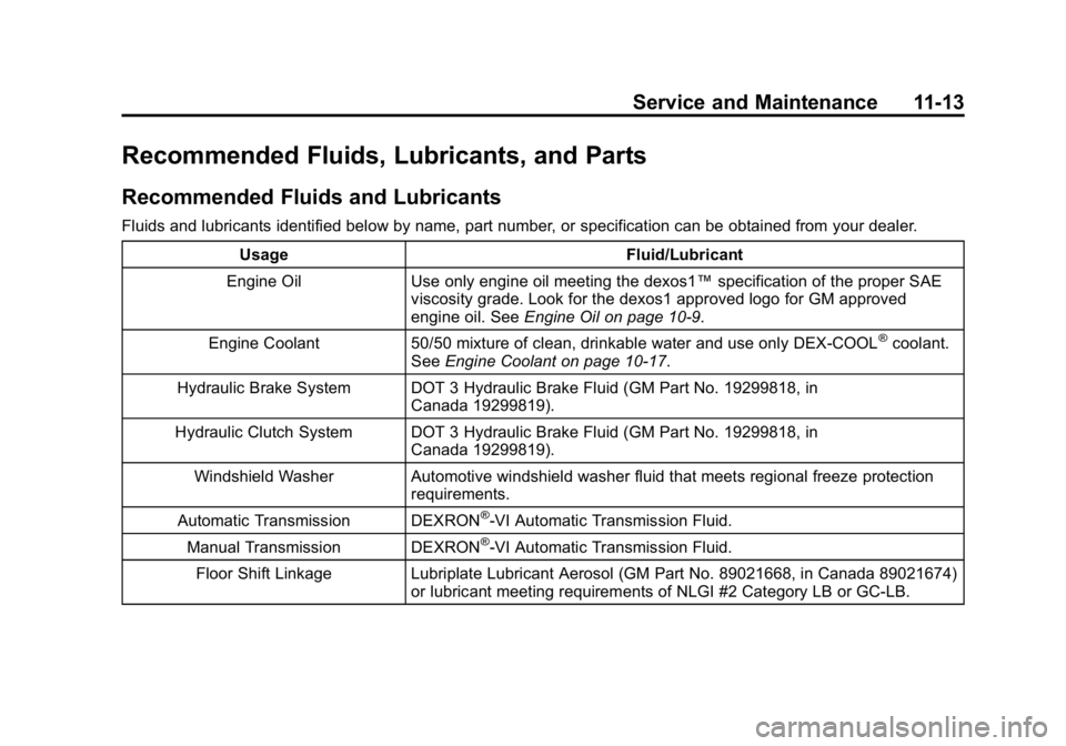 GMC CANYON 2015 Owners Manual Black plate (13,1)GMC Canyon Owner Manual (GMNA-Localizing-U.S./Canada-7587000) -
2015 - CRC - 3/17/15
Service and Maintenance 11-13
Recommended Fluids, Lubricants, and Parts
Recommended Fluids and Lu GMC CANYON 2015 Owners Manual Black plate (13,1)GMC Canyon Owner Manual (GMNA-Localizing-U.S./Canada-7587000) -
2015 - CRC - 3/17/15
Service and Maintenance 11-13
Recommended Fluids, Lubricants, and Parts
Recommended Fluids and Lu