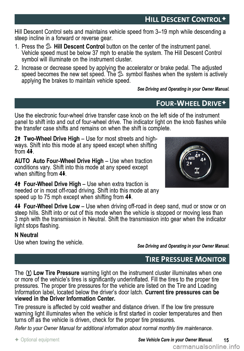 GMC CANYON 2015 Get To Know Guide 15F Optional equipment
hIll descent controlF
Four-Wheel dr IveF
tIre Pressure mon Itor
Hill Descent Control sets and maintains vehicle speed from 3–19 mph while descending a steep incline in a for GMC CANYON 2015 Get To Know Guide 15F Optional equipment
hIll descent controlF
Four-Wheel dr IveF
tIre Pressure mon Itor
Hill Descent Control sets and maintains vehicle speed from 3–19 mph while descending a steep incline in a for