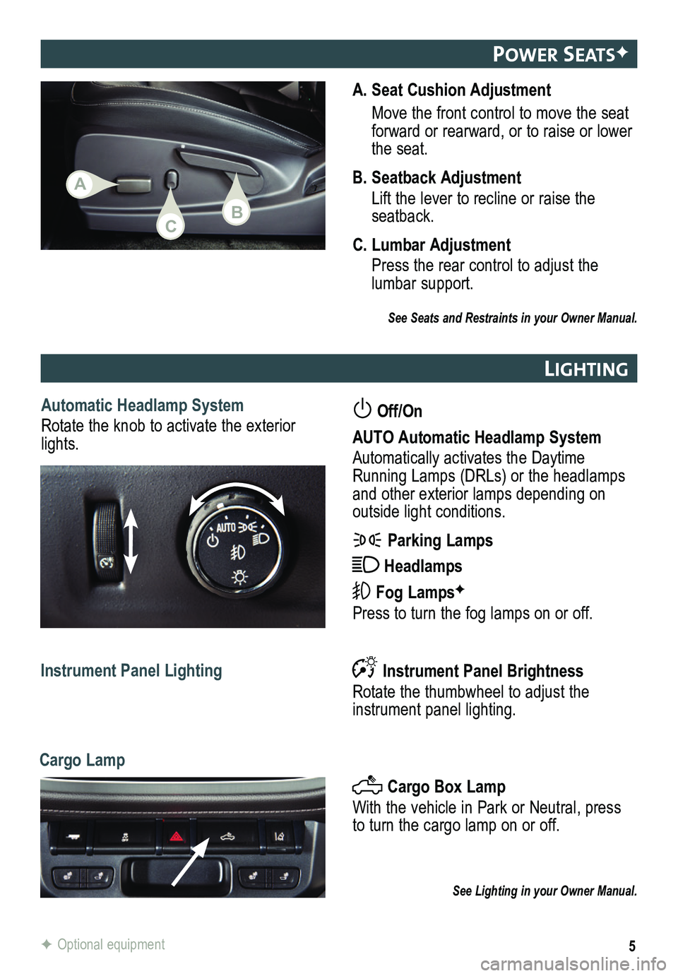 GMC CANYON 2015  Get To Know Guide 5F Optional equipment
PoW er seatsF
lIght Ing
A.  Seat Cushion Adjustment
 Move the front control to move the seat forward or rearward, or to raise or lower the seat.
B. Seatback Adjustment
 Lift the 