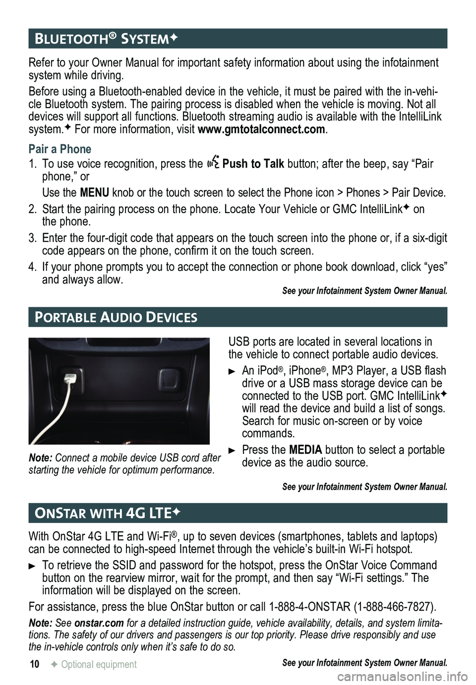 GMC CANYON 2015  Get To Know Guide 10
bluetooth® systemF
Portable audIo devIces
onstar WIth 4g lteF
Refer to your Owner Manual for important safety information about using \
the infotainment system while driving.
Before using a Blueto