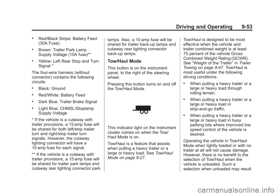 GMC SAVANA 2015  Owners Manual Black plate (53,1)GMC Savana Owner Manual (GMNA-Localizing-U.S./Canada-7707482) -
2015 - crc - 1/20/15
Driving and Operating 9-53
.Red/Black Stripe: Battery Feed
(30A Fuse)
.Brown: Trailer Park Lamp
S
