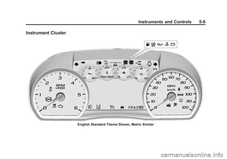 GMC SIERRA 2015 Owners Manual Black plate (9,1)GMC 2015i Sierra Denali Owner Manual (GMNA-Localizing-U.S./Canada/
Mexico-8431500) - 2015 - crc - 6/20/14
Instruments and Controls 5-9
Instrument Cluster
English Standard Theme Shown, GMC SIERRA 2015 Owners Manual Black plate (9,1)GMC 2015i Sierra Denali Owner Manual (GMNA-Localizing-U.S./Canada/
Mexico-8431500) - 2015 - crc - 6/20/14
Instruments and Controls 5-9
Instrument Cluster
English Standard Theme Shown,