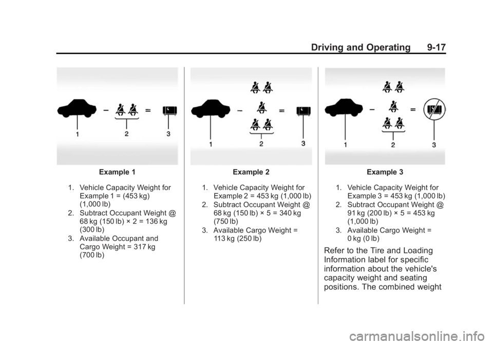GMC SIERRA 2015 User Guide Black plate (17,1)GMC 2015i Sierra Denali Owner Manual (GMNA-Localizing-U.S./Canada/
Mexico-8431500) - 2015 - crc - 6/20/14
Driving and Operating 9-17
Example 1
1. Vehicle Capacity Weight forExample 1