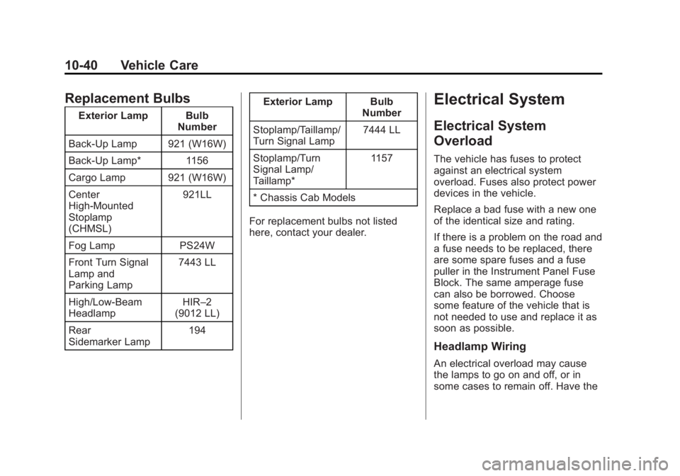 GMC SIERRA 2015  Owners Manual Black plate (40,1)GMC 2015i Sierra Denali Owner Manual (GMNA-Localizing-U.S./Canada/
Mexico-8431500) - 2015 - crc - 6/20/14
10-40 Vehicle Care
Replacement Bulbs
Exterior Lamp BulbNumber
Back-Up Lamp 9