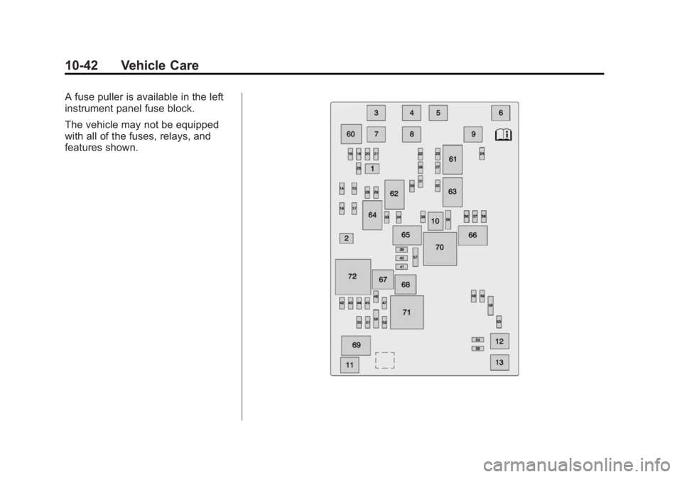 GMC SIERRA 2015 Owners Manual Black plate (42,1)GMC 2015i Sierra Denali Owner Manual (GMNA-Localizing-U.S./Canada/
Mexico-8431500) - 2015 - crc - 6/20/14
10-42 Vehicle Care
A fuse puller is available in the left
instrument panel f GMC SIERRA 2015 Owners Manual Black plate (42,1)GMC 2015i Sierra Denali Owner Manual (GMNA-Localizing-U.S./Canada/
Mexico-8431500) - 2015 - crc - 6/20/14
10-42 Vehicle Care
A fuse puller is available in the left
instrument panel f