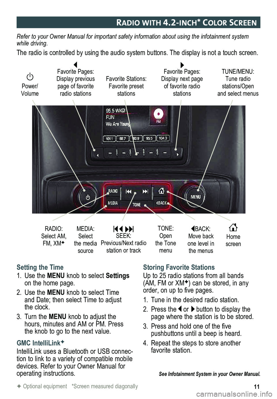 GMC SIERRA HD 2015 Get To Know Guide 11
raDIo wIt H 4.2-Inc H* color screen
BACK: Move back one level in the menus
Home screen
TONE: Open the Tone menu
Power/ Volume
Favorite Pages: Display next page of favorite radio stations
TUNE/M GMC SIERRA HD 2015 Get To Know Guide 11
raDIo wIt H 4.2-Inc H* color screen
BACK: Move back one level in the menus
Home screen
TONE: Open the Tone menu
Power/ Volume
Favorite Pages: Display next page of favorite radio stations
TUNE/M