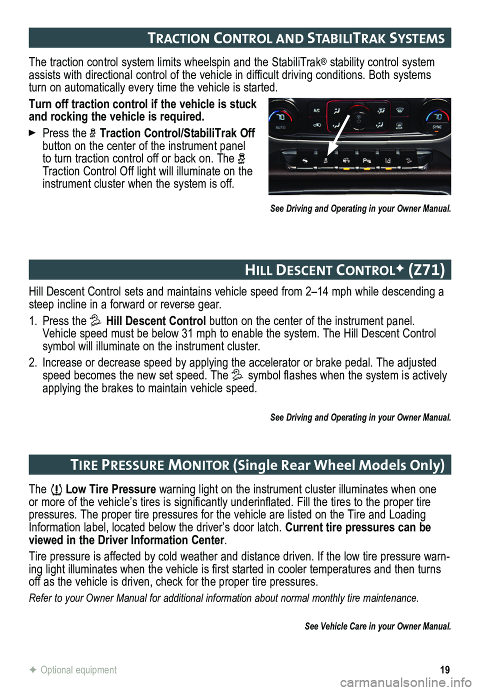 GMC SIERRA HD 2015  Get To Know Guide 19
Hill Descent Control sets and maintains vehicle speed from 2–14 mph while descending a steep incline in a forward or reverse gear.
1. Press the  Hill Descent Control button on the center of the i
