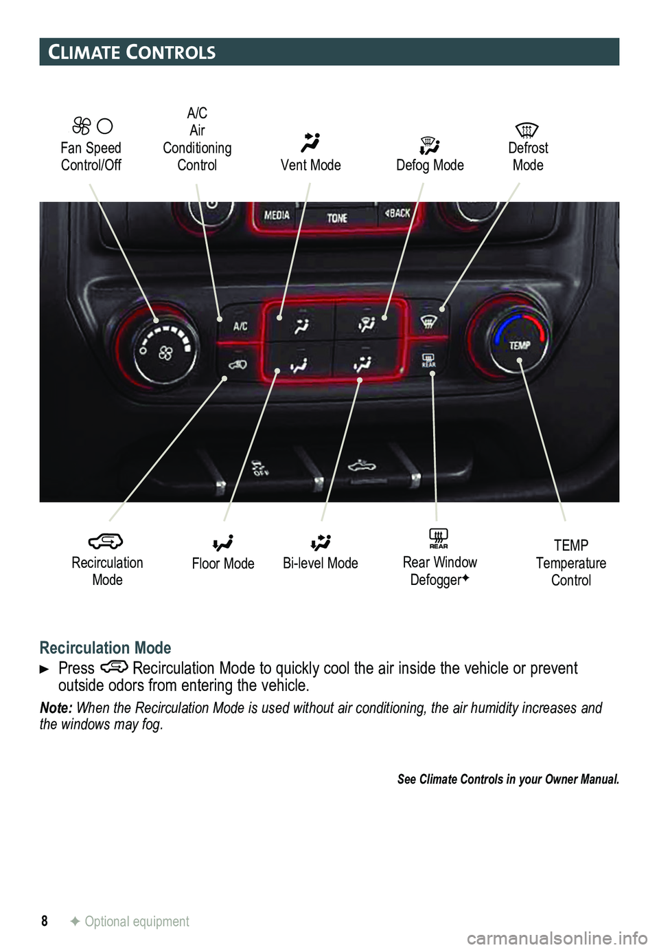 GMC SIERRA HD 2015 Get To Know Guide 8
clImate controls
Recirculation Mode
Press Recirculation Mode to quickly cool the air inside the vehicle or prevent
outside odors from entering the vehicle.
Note: When the Recirculation Mode is u GMC SIERRA HD 2015 Get To Know Guide 8
clImate controls
Recirculation Mode
Press Recirculation Mode to quickly cool the air inside the vehicle or prevent
outside odors from entering the vehicle.
Note: When the Recirculation Mode is u