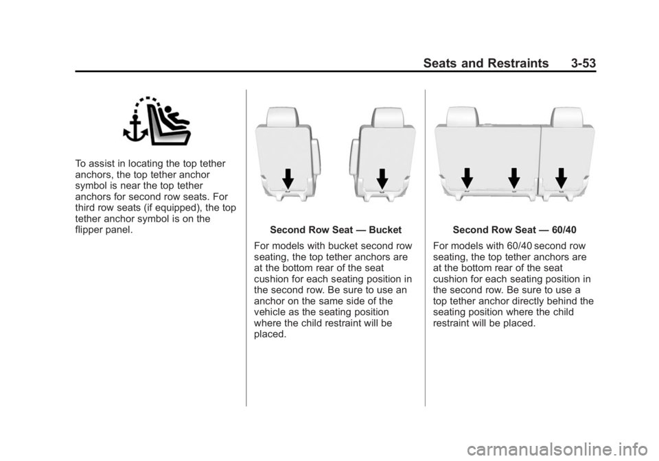 GMC YUKON 2015 Owners Manual Black plate (53,1)GMC Yukon/Yukon XL Owner Manual (GMNA-Localizing-U.S./Canada/
Mexico-7063682) - 2015 - crc - 6/5/14
Seats and Restraints 3-53
To assist in locating the top tether
anchors, the top te GMC YUKON 2015 Owners Manual Black plate (53,1)GMC Yukon/Yukon XL Owner Manual (GMNA-Localizing-U.S./Canada/
Mexico-7063682) - 2015 - crc - 6/5/14
Seats and Restraints 3-53
To assist in locating the top tether
anchors, the top te