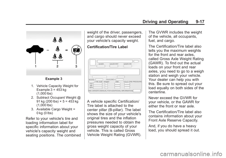 GMC YUKON 2015  Owners Manual Black plate (17,1)GMC Yukon/Yukon XL Owner Manual (GMNA-Localizing-U.S./Canada/
Mexico-7063682) - 2015 - CRC - 6/5/14
Driving and Operating 9-17
Example 3
1. Vehicle Capacity Weight forExample 3 = 453