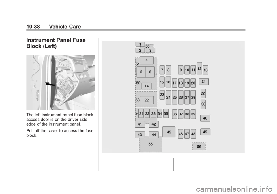 GMC YUKON 2015 Owners Manual Black plate (38,1)GMC Yukon/Yukon XL Owner Manual (GMNA-Localizing-U.S./Canada/
Mexico-7063682) - 2015 - crc - 6/5/14
10-38 Vehicle Care
Instrument Panel Fuse
Block (Left)
The left instrument panel fu GMC YUKON 2015 Owners Manual Black plate (38,1)GMC Yukon/Yukon XL Owner Manual (GMNA-Localizing-U.S./Canada/
Mexico-7063682) - 2015 - crc - 6/5/14
10-38 Vehicle Care
Instrument Panel Fuse
Block (Left)
The left instrument panel fu