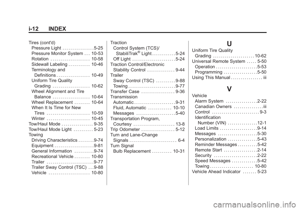 GMC YUKON 2015  Owners Manual Black plate (12,1)GMC Yukon/Yukon XL Owner Manual (GMNA-Localizing-U.S./Canada/
Mexico-7063682) - 2015 - crc - 6/5/14
i-12 INDEX
Tires (cont'd)Pressure Light . . . . . . . . . . . . . . . . 5-25
P