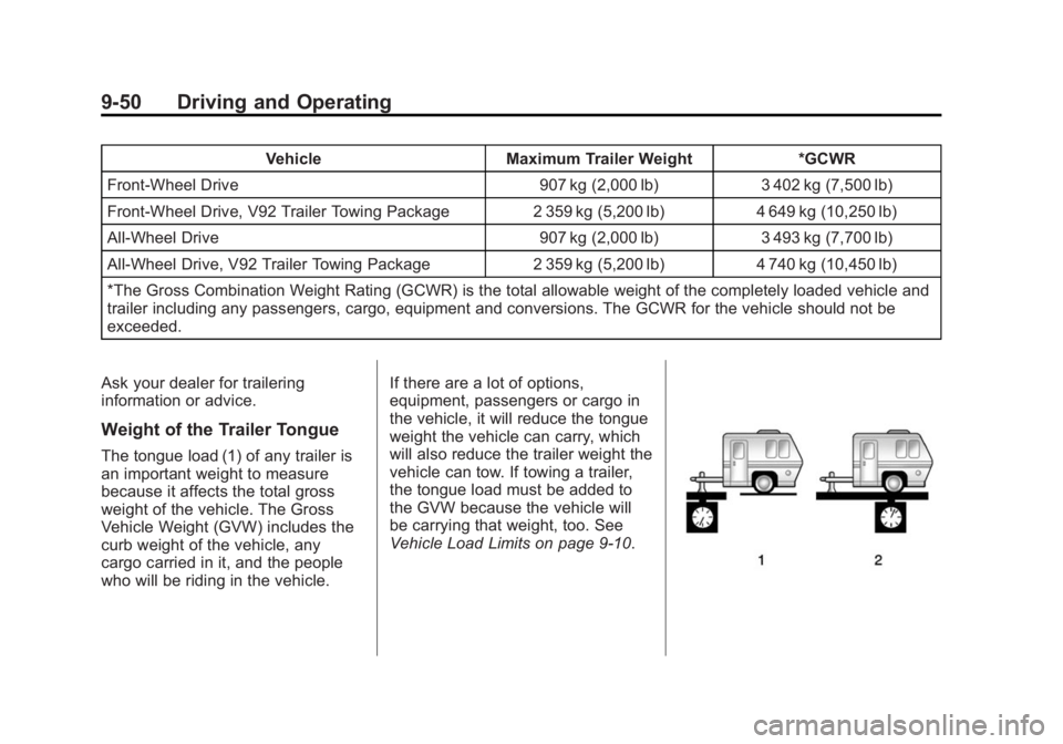 GMC ACADIA 2014 Owners Manual Black plate (50,1)GMC Acadia/Acadia Denali Owner Manual (GMNA-Localizing-U.S./Canada/
Mexico-6014315) - 2014 - crc - 8/15/13
9-50 Driving and Operating
VehicleMaximum Trailer Weight *GCWR
Front-Wheel GMC ACADIA 2014 Owners Manual Black plate (50,1)GMC Acadia/Acadia Denali Owner Manual (GMNA-Localizing-U.S./Canada/
Mexico-6014315) - 2014 - crc - 8/15/13
9-50 Driving and Operating
VehicleMaximum Trailer Weight *GCWR
Front-Wheel