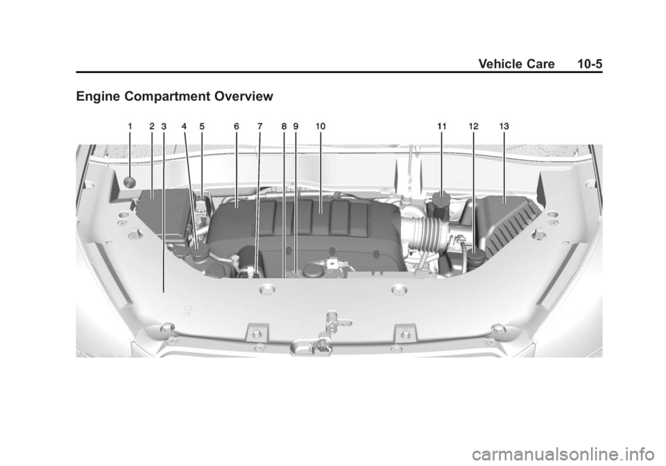 GMC ACADIA 2014 Owners Manual Black plate (5,1)GMC Acadia/Acadia Denali Owner Manual (GMNA-Localizing-U.S./Canada/
Mexico-6014315) - 2014 - crc - 8/15/13
Vehicle Care 10-5
Engine Compartment Overview GMC ACADIA 2014 Owners Manual Black plate (5,1)GMC Acadia/Acadia Denali Owner Manual (GMNA-Localizing-U.S./Canada/
Mexico-6014315) - 2014 - crc - 8/15/13
Vehicle Care 10-5
Engine Compartment Overview